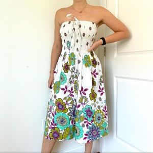 Strapless Smocked Midi Printed Cotton Beach Dress / Cover Up